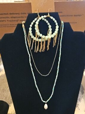 Plunder Gold Tone & Mint Layered Necklace with Fringe Hoop Earrings